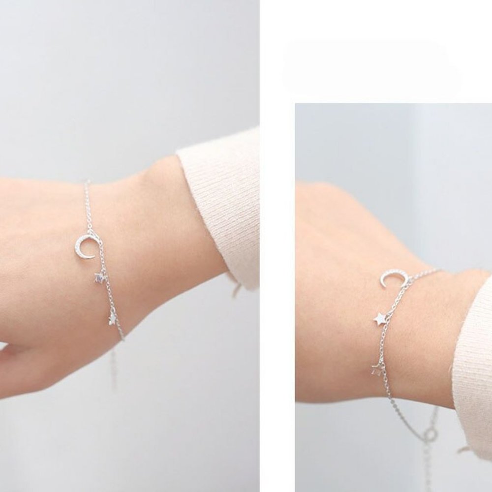 925 Sterling Silver Diamond Moon Star Bracelet A - Picture 5 of 10